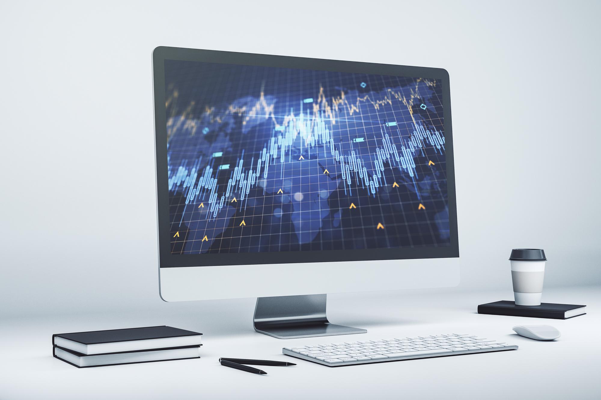 Luxury trading desk with charts on large display